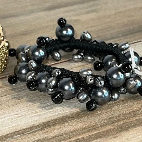 The Good Bead Bracelet Lot Gray Stretch beads Gold Tone Cream Wrap Rhinestone - Picture 3 of 8